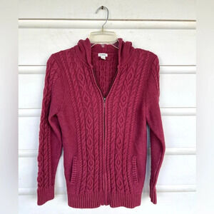 L.L Bean Maroon Hooded Cable Knit Zip Cardigan Sweater Thick and Durable Size M